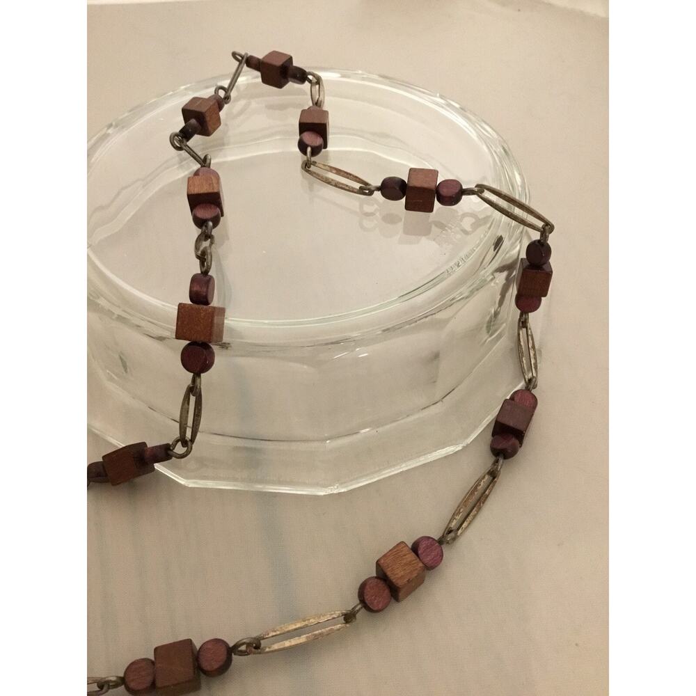 Vintage TONE VIGELAND STERLING Paperclip Chain/TEAK Bead NECKLACE NORWAY RARE